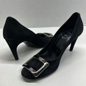 Roger Vivier High Heel Shoes Suede Pumps Round Toe Square Logo Black Size 36.5